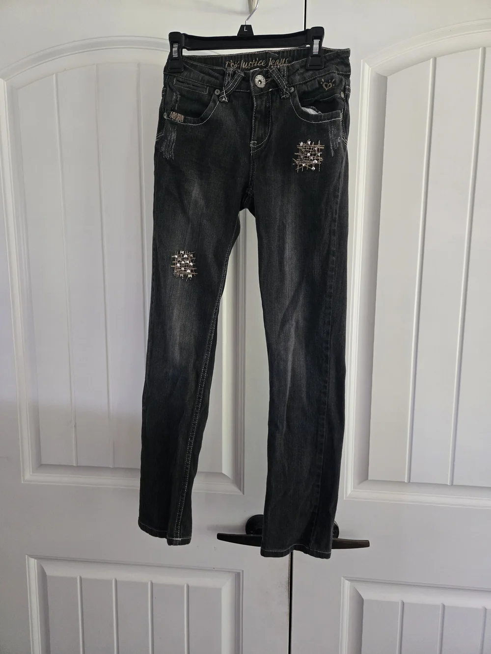 Justice Girls Black Skinny Jeans Distressed Crosshatch Rhinestone Bling Size 12s